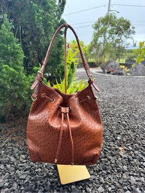 Faux Ostrich Embossed NWOT Cognac Brown Drawstring Bucket Shoulder Bag
